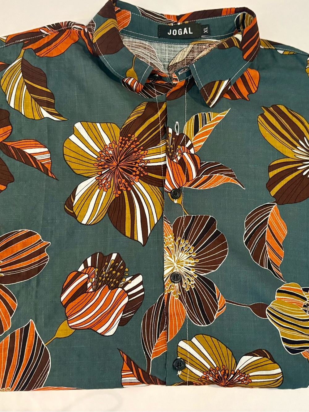 Jogal Hawaiian Shirt Mens XL Short Sleeve Button Up Green Allover Floral Print